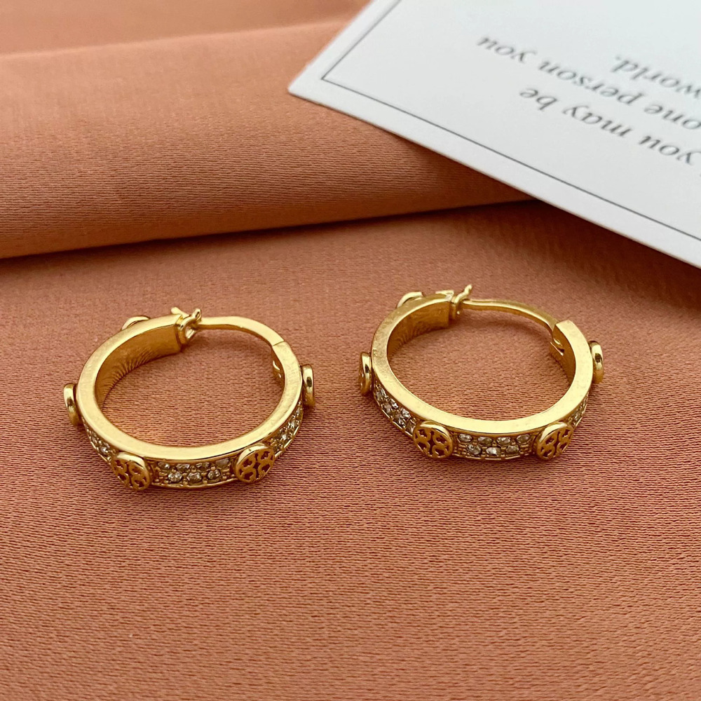 Tory Burch Rhinestone Hollow Letter Geometric Earrings Metal
